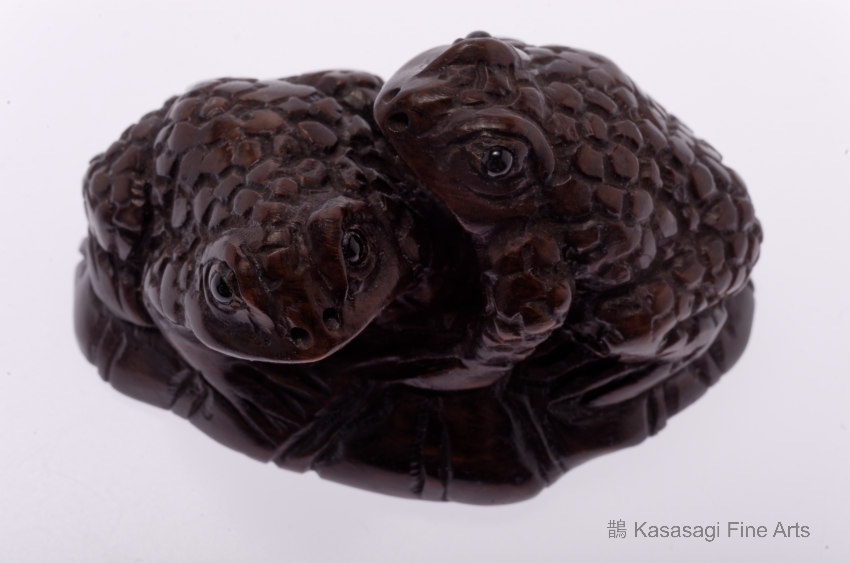 Wooden Netsuke Toads On Lotus Leaf